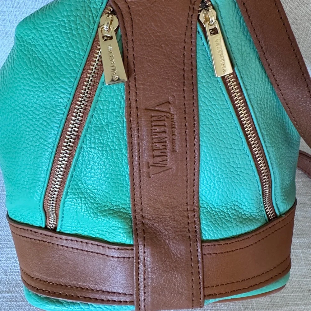 Valentina Italian Pebbled Leather‎ Sling Bag Backpack Purse Mint Green /Brown